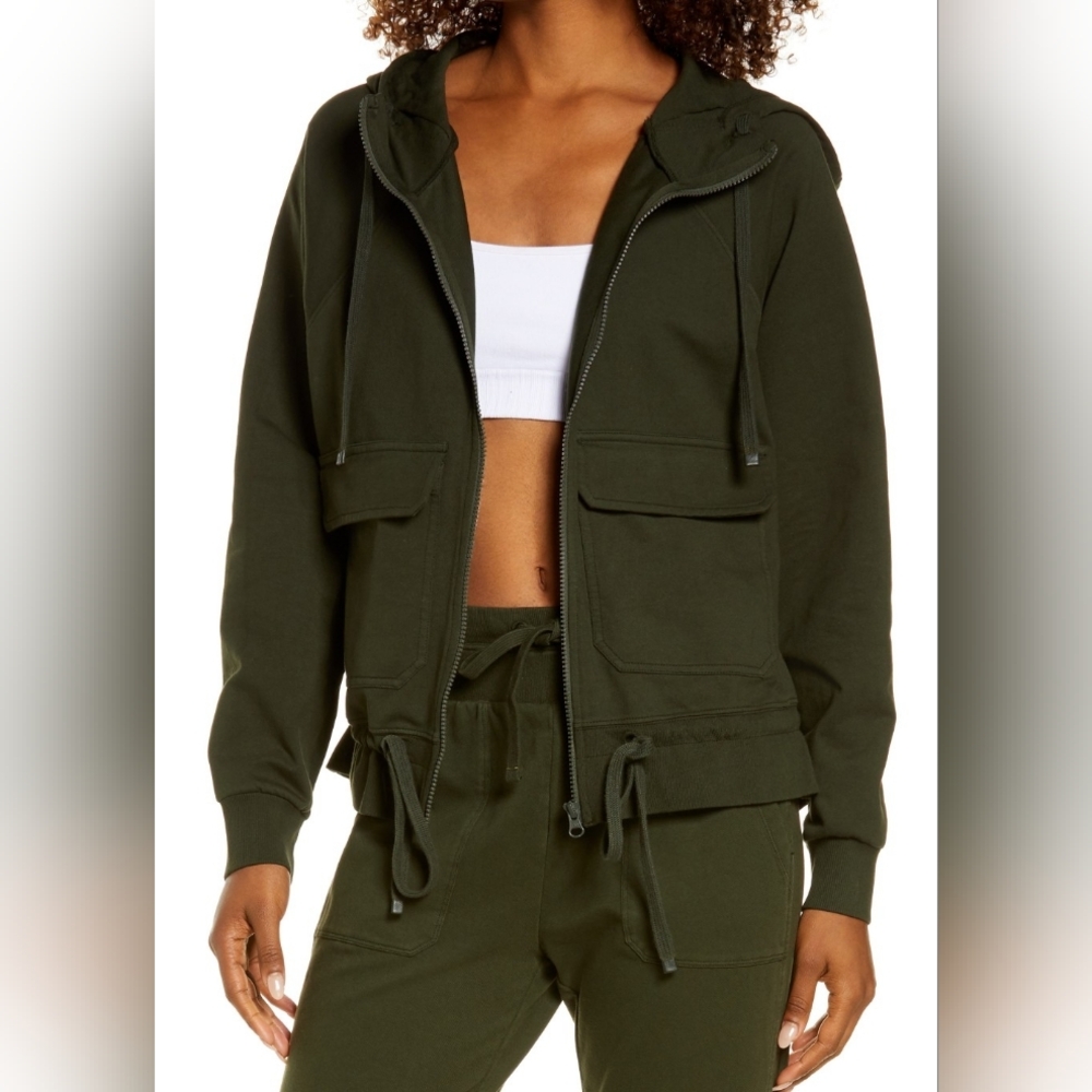 Zella Weekend Stretch Organic Cotton Full Zip Hoodie - Green Rosin